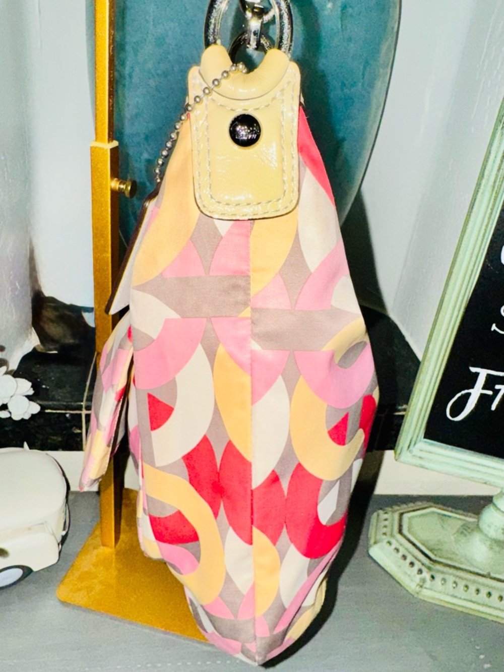 COACH Kristin Op Art Yellow Multicolor Satin Hobo Shoulder Bag 2013 #F22745 EUC - Picture 9 of 16